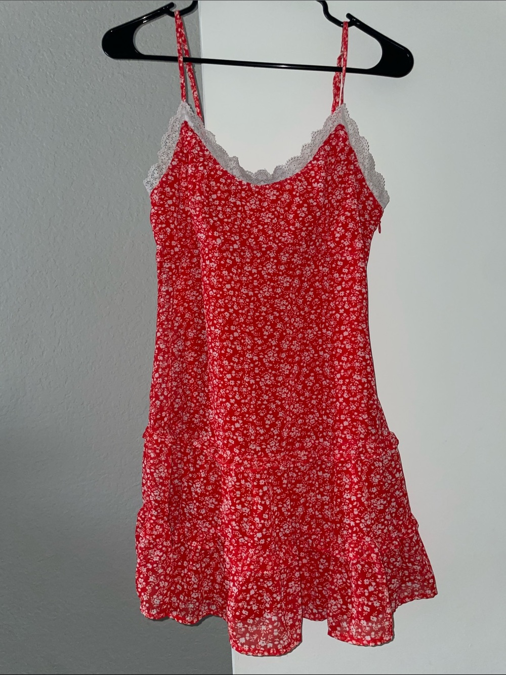 Red Floral Lace-Trim Slip Dress